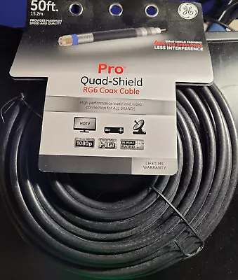 GE 50ft RG6 Pro Quad Shield Coax Cable BLACK FULL HD 1080p 33532 NEW • $7