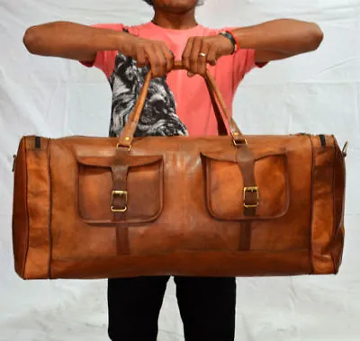 Large Brown Vintage Genuine Leather Goat Hide Travel Luggage Duffle Gym Bags  • $86.18