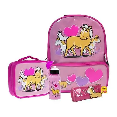 Kids Backpack Lunch Bag Set Drinks Bottle Pencil Case Pink Horse Pony School Set • £14.99