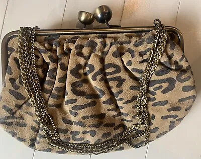 Vintage Cheetah Clutch Suede Purse Clasp Chain Strap Animal Print Brown Bag EUC • $29