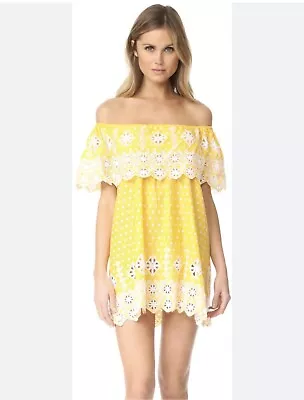 Miguelina Crochet Embroidered Yellow Polka Dot Off Shoulder Mini Dress XS • $60