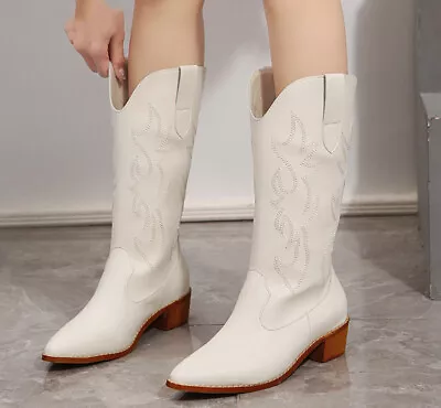 Womens Leather Pull On Block Heel Mid Calf Western Cowboy Boots Round Toe Shoes • $90.51