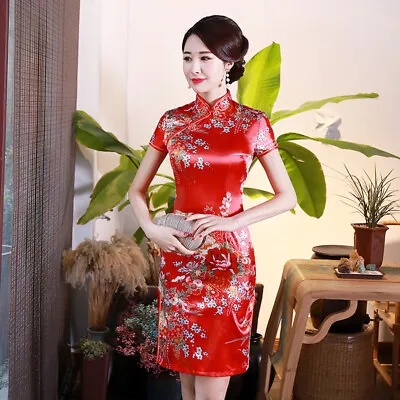 £12.99 • Buy New China Red Satin Floral Prints Chinese Asian Short Cheongsam Qipao Dress