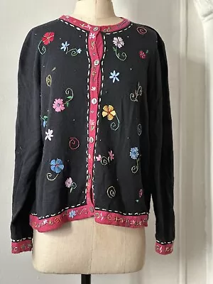 Michael Simon Lite Vintage Floral Embroidered+Beaded Blk+Pink Silk Cardigan XL • $29.99