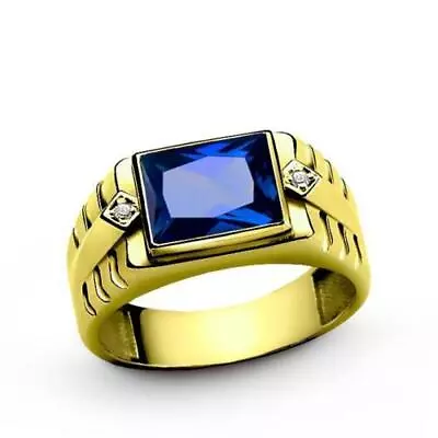 Blue Sapphire With DIAMOND Accents In 18K Solid Yellow Gold Men's Ring • $1049