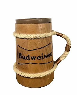 Vintage 1960s Budweiser Nautical Wood Barrel W/ Rope/Copper Band Handle Beer Mug • $28