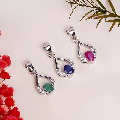 100% Natural Emerald Ruby & Sapphire Gemstone Pendant 925 Solid Silver Jewelry • $39.85