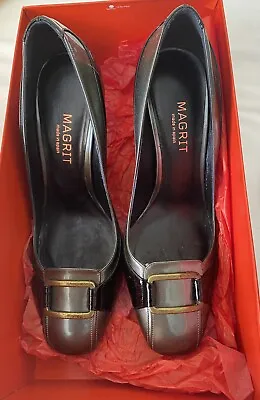 NEW MAGRIT Spain Black /Grey With Gold Buckle Court Shoes Size EU 38.5  UK 5.5 • £55