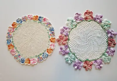 Vintage Hand Made Doilies Crochet Flower Lace Multi-Colors Set Of 2 • $11.35