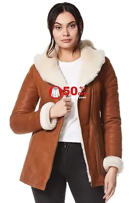 Ladies Sheepskin Jacket B3 Tan White Fur Classic REAL Shearling SHEEPSKIN NV 39 • £149.99
