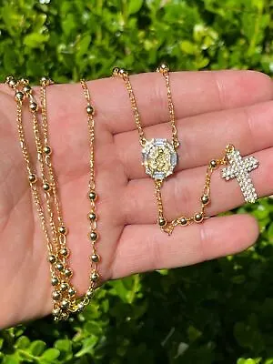Rosary Beads Cross Necklace Gold Plated & Real 925 Silver Iced Rosario Baguette • $81.88