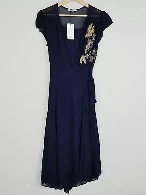 $55 • Buy MANGO / MNG Womens Size M Or 12 Navy Embroidered Wrap Dress NEW + TAGS