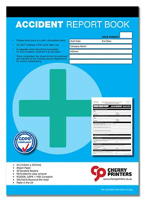 Cherry GDPR First Aid Accident Report Book A4 (210mm X 297mm) 50 Page RIDDOR HSE • £7.79