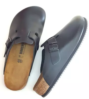 Mens Super Grip Natural Black Leather Clogs UK 10.5 EU 45 US 12 Standard Fit • £90