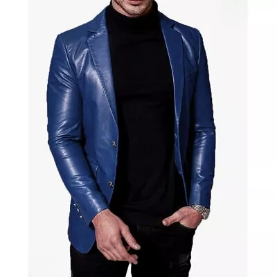 Men's Authentic Blue Leather Blazer Genuine Lambskin Two Button Coat Blazer • $149.99