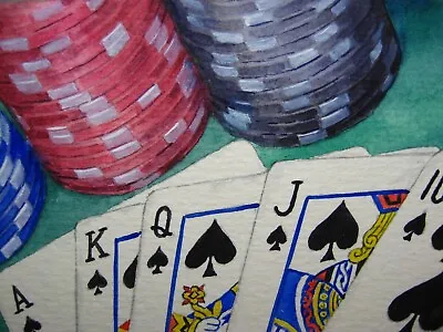 Watercolor Painting Casino Chips Las Vegas Game Playing Cards Poker ACEO Art • $34.50