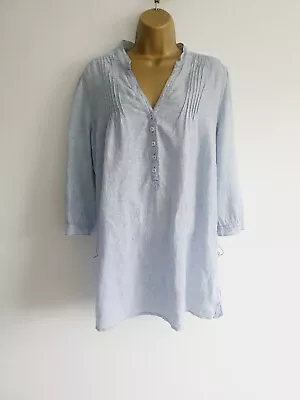Marks And Spencer Linen Blouse Size 18 Blue Roll Tab Sleeves • £18