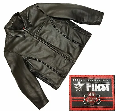 First Genuine Leather Jacket Mens 2X 3X Vintage Black Biker Moto Thick Braided • $125.52