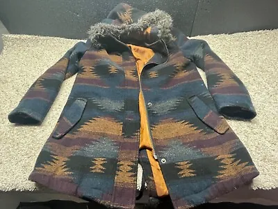 MOSSIMO Jacket Women's Medium All Over Aztec Pirint Fuax Fur Hood Full Zip Wool • $29.97