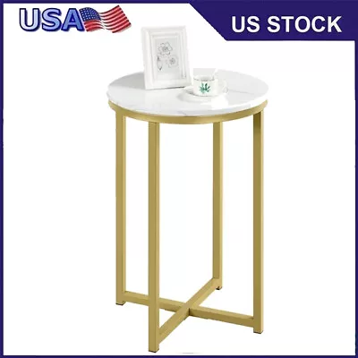 X-Based Faux Marble Side Table White/Gold Round End Tables Living Room Furniture • $61.27