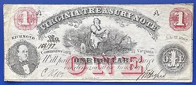 Obsolete Currency - One Dollar Virginia Treasury Note 1862 Higher Grade #73609 • $49.99