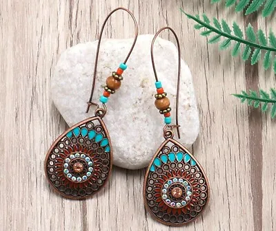 Women's Vintage Tribal Ethnic Boho Bronze-Turquoise Long Dangle Drop Earrings UK • £3.95