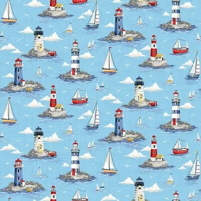 Fabric Nautical By Makower 100% Cotton 112cm Wide 2499B Lighthouses Blue • £3.96