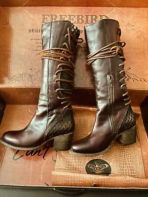 Freebird By Steven Carver Leather Knee High Lace Up Boots Wine Sz 8 • $180