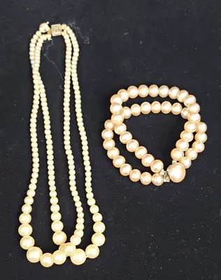 Antique Vintage Ivory Tone 2 Strand Faux Pearl Necklace And Bracelet Set • $17