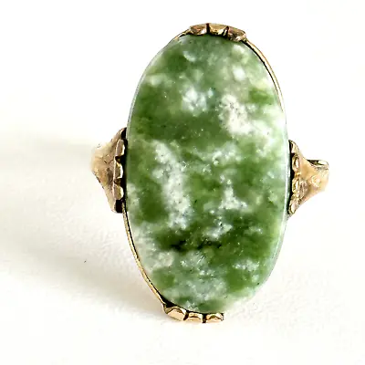 Vintage 10K Yellow Gold Filled Large Spotted Green Moss Agate Adjustable Ring • $59.99