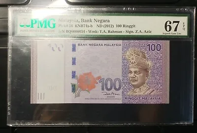 Malaysia Banknote Rm100 Pmg67epq Low Number Bq0000054 Zeti Gabenor • $118