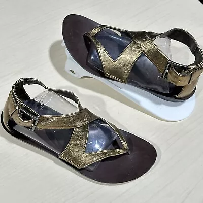 B Makowsky Gladiator Thong Sandals Leather Gold Sz 7 Adjustable Ankle Strap • $21.89