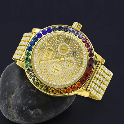 Rainbow Multi Gold Tone Real Diamond Solitaire Dial Men's Custom XL 55 Mm Watch  • £240.93