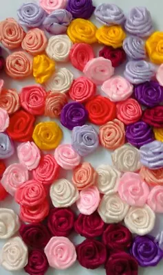 50 Mini Rose Buds Satin Ribbon Flowers 20mm  Mix Colour Scrapbook Card Appliqué  • £4.10