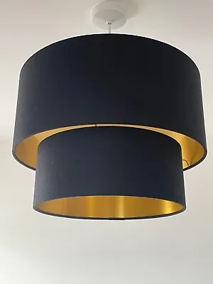 £71 • Buy Lampshade Two Tier Black Textured 100% Linen Brushed Gold Drum Light Shade 