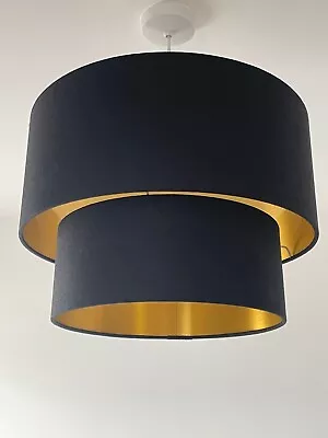 Lampshade Two Tier Black Textured 100% Linen Brushed Gold Drum Light Shade  • £72