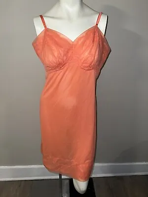 Vintage Stunning Coral Nylon Tricot Full Slip W Floral Lace Vanity Fair 38 • $71