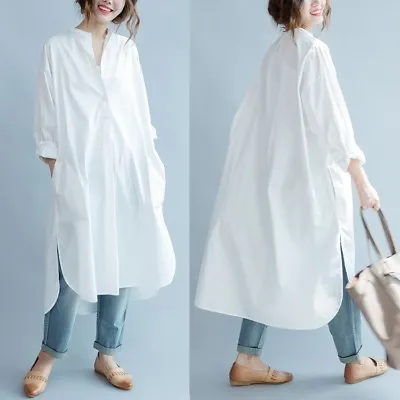 Women Cotton Blend Long Shirt Dress White Blouse Casual Loose Oversized Fashion. • £25.03