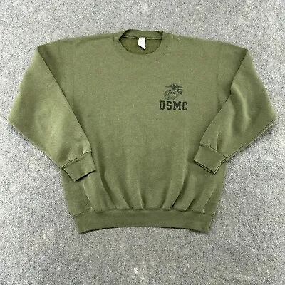 VINTAGE USMC Sweater Mens Large Green Pullover Sweatshirt OD Logo Cotton Blend • $14.97