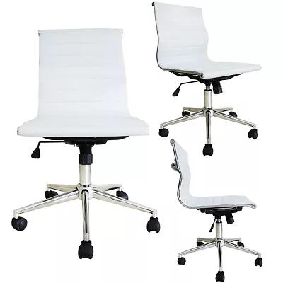 White Modern Executive Armless Office Chair Mid Back PU Leather Desk Task Tilt  • $200.10