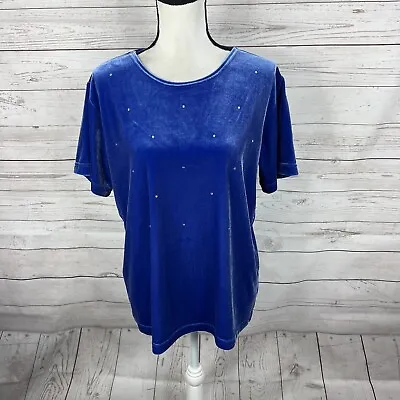 Quacker Factory Short Sleeve Velvet Top Blouse Size Medium Blue Rhinestones • $19.99