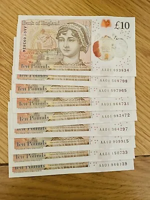 AA01 £10 Polymer Bank Of England Banknotes Very Low Numbers X8 Notes • £299.99