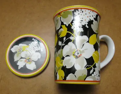 Vera Bradley Barnes & Noble Tea Coffee Cup Mug With Lid Gray White Yellow Flower • $18.99