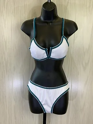 $13.99 • Buy ZAFUL Ribbed High Cut Bikini Set, Women's Size L (8), White/Teal NEW MSRP $34.99