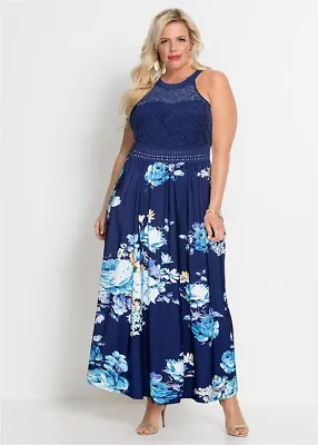 Bodyflirt @ Kaleidoscope Size 10 Navy Blue Lace Bodice Floral Maxi DRESS Party • £18.99