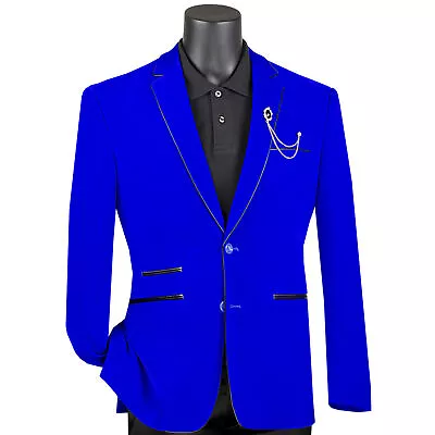 VINCI Men's Royal Blue Velvet 2 Button Slim Fit Blazer W/ Leather Trim NEW • $100