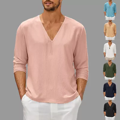 Men's Long Sleeve Solid V Neck  T Shirt Causal Loose Blouse Tops Tee Pullover US • $24.19