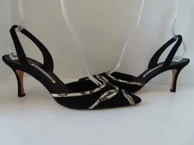 Manolo Blahnik Black Suede/Snakeskin Carolyne Slingbacks/Shoes EU 40.5/US 10.5 • $199