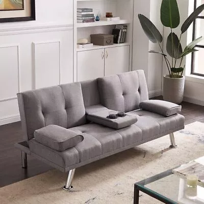 Fabric Modern Sofa Bed Sectional 3 Seater 2 Cup Holder Couch Bed Chrome Legs • £159.99