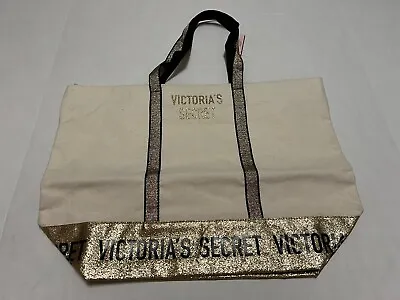 Brand New VICTORIA'S SECRET Sparkle Carry-All Canvas Tote (Black/Gold) • $19.60